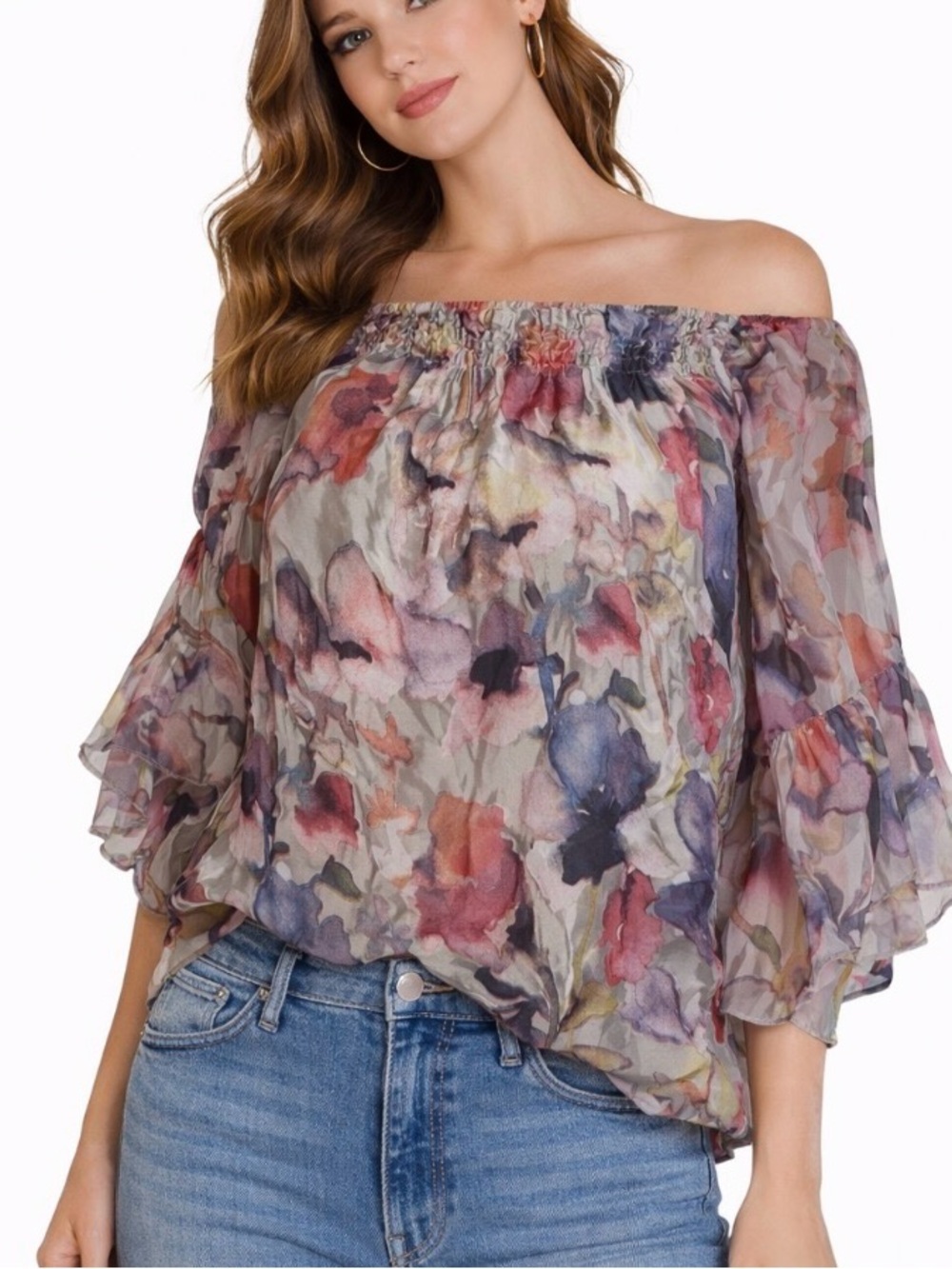 Made in Italy blouse top flutter sleeve on off shoulder floral silk blend top LG